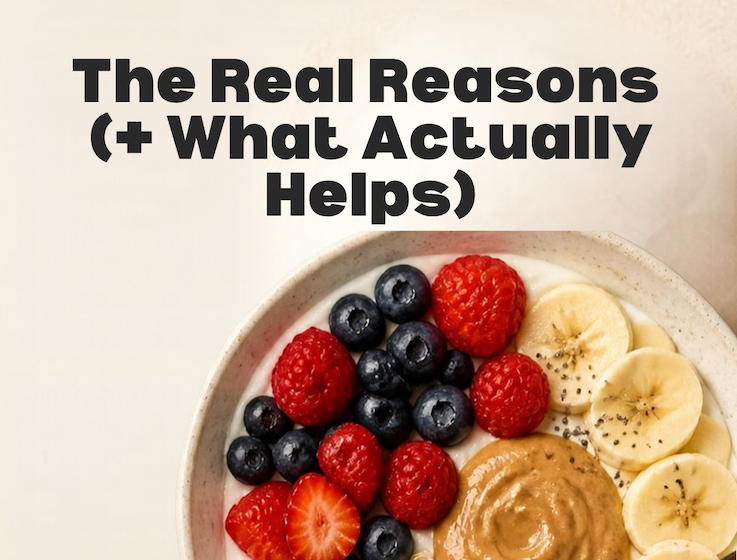 Protein-rich berry breakfast bowl with text reading "Why am I gaining weight in menopause? The real reasons and what actually helps" — The Nutrition Twins